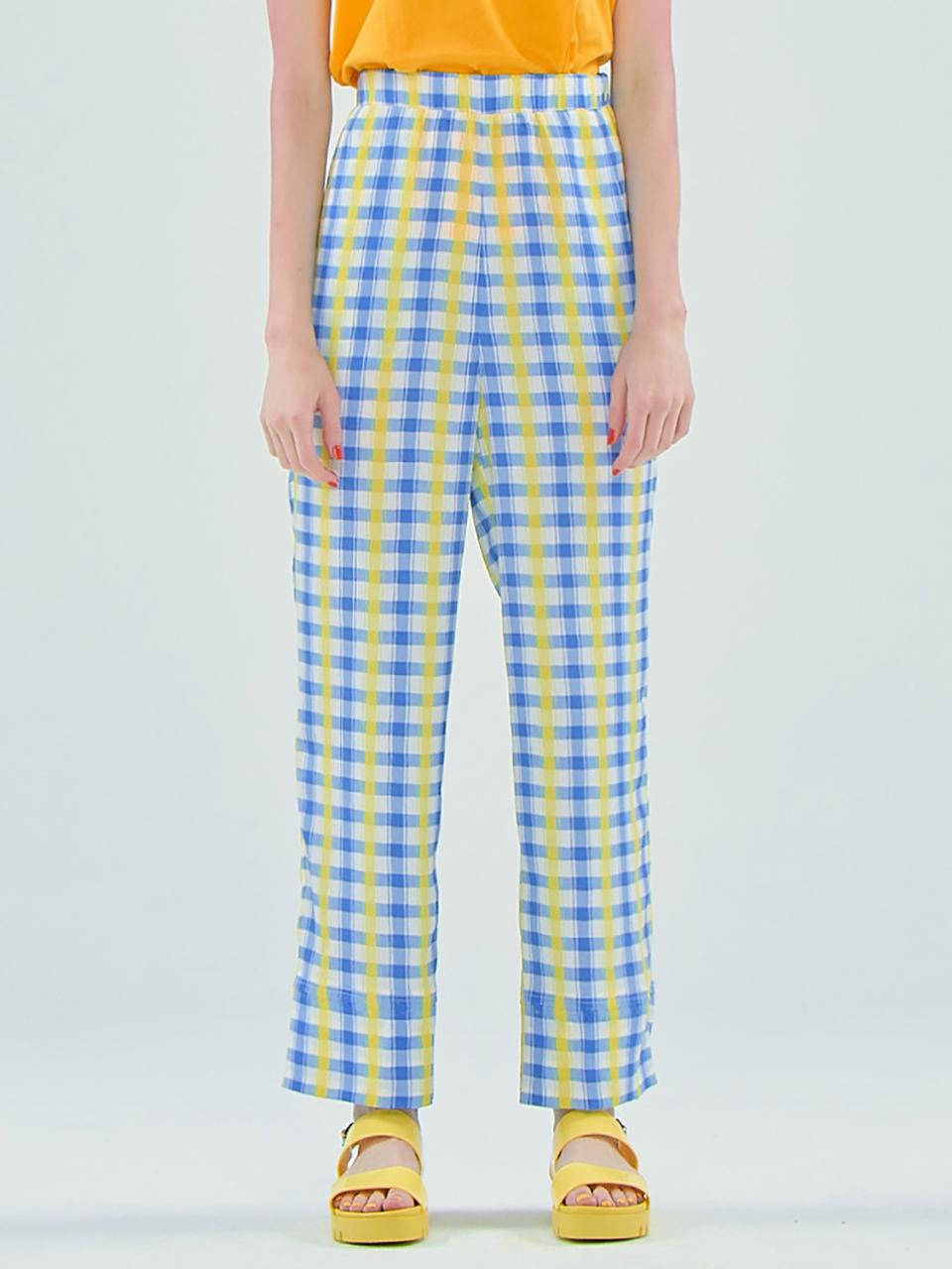 JUNEJUNE SPACE Check High-Waisted Straight-Fit Pants [Blue]