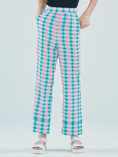 JUNEJUNE SPACE Check Seersucker Straight Pants [Pink]