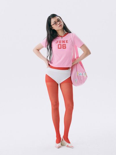 JUNEJUNE SPACE Color Block Cropped Stretchy T-shirt [Pink]