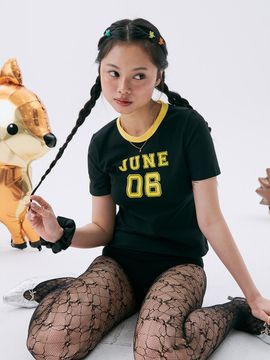 JUNEJUNE SPACE Color Block Cropped T-shirt [beige]
