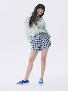 JUNEJUNE SPACE Floral Check Banding Cotton Shorts [Navy]
