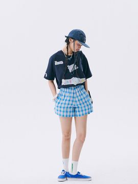 JUNEJUNE SPACE Floral Check Elastic Waist Cotton Shorts [Blue]