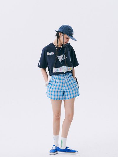 JUNEJUNE SPACE Floral Check Elastic Waist Cotton Shorts [Blue]