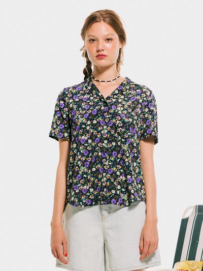 JUNEJUNE SPACE Floral Embossed Polyester Shirt [Navy]