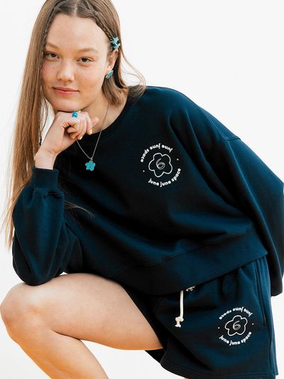 JUNEJUNE SPACE Flower Crop Sweatshirt [Navy]