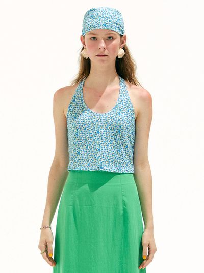 JUNEJUNE SPACE Flower Halter Neck T Shirt (Blue)