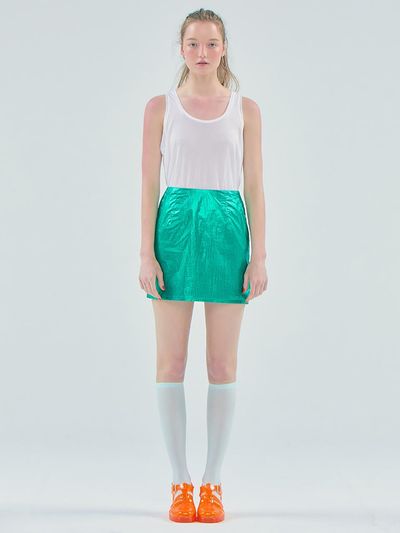 JUNEJUNE SPACE Foil H-line Mini Skirt [Green]