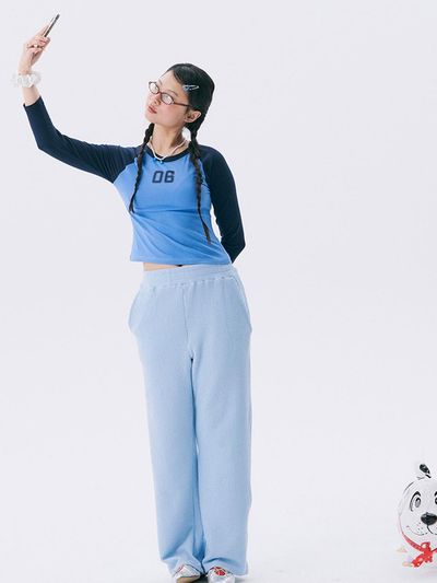 JUNEJUNE SPACE Frill Banding Wide Fit Pants [Light Blue]