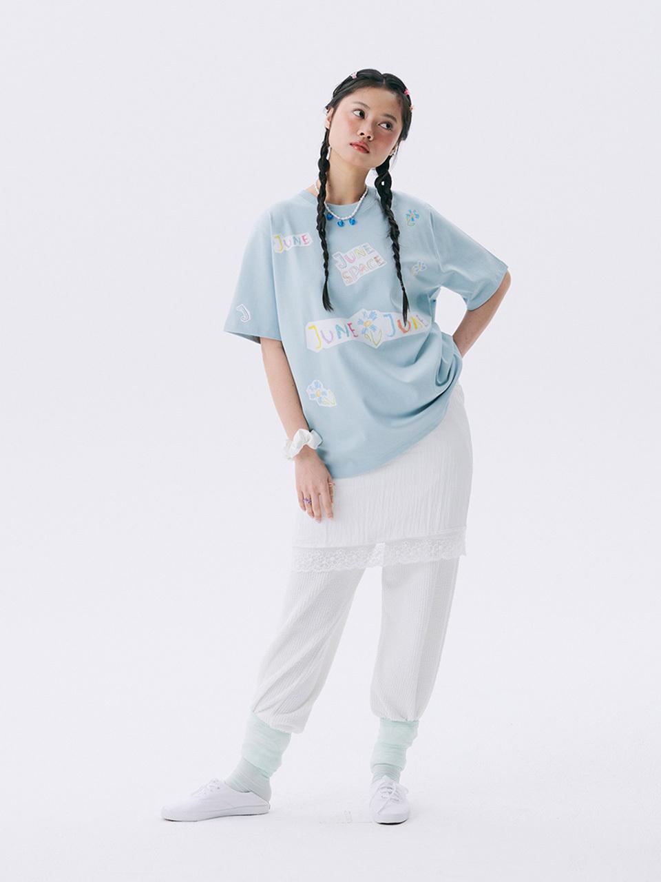 JUNEJUNE SPACE Oversized Drawing Print Cotton T-shirt [Light Blue]