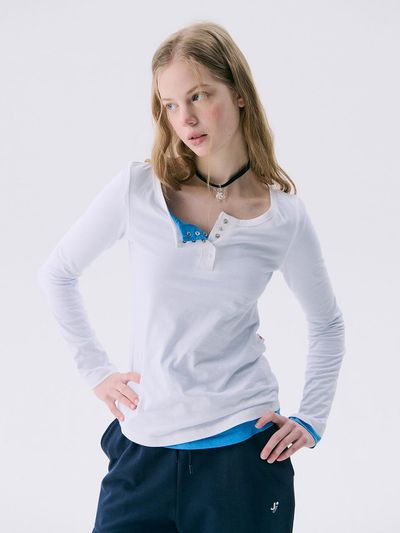 JUNEJUNE SPACE Solid Henry Neck T-shirt [WHITE]
