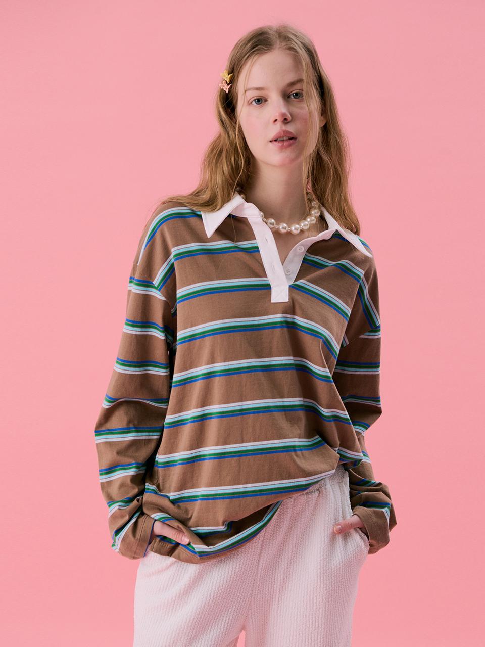 JUNEJUNE SPACE Stripe Rugby Boxy T-shirt [BROWN]