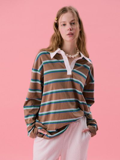 JUNEJUNE SPACE Stripe Rugby Boxy T-shirt [BROWN]