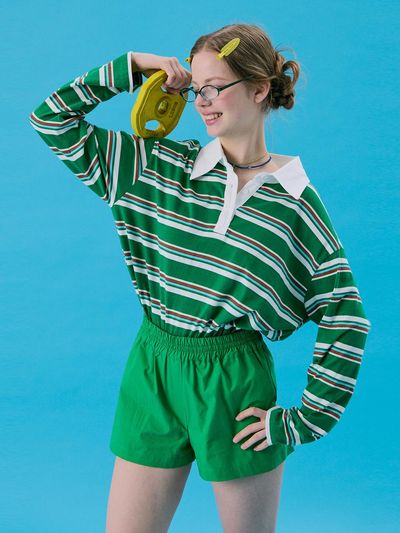 JUNEJUNE SPACE Stripe Rugby Boxy T-shirt [Green]