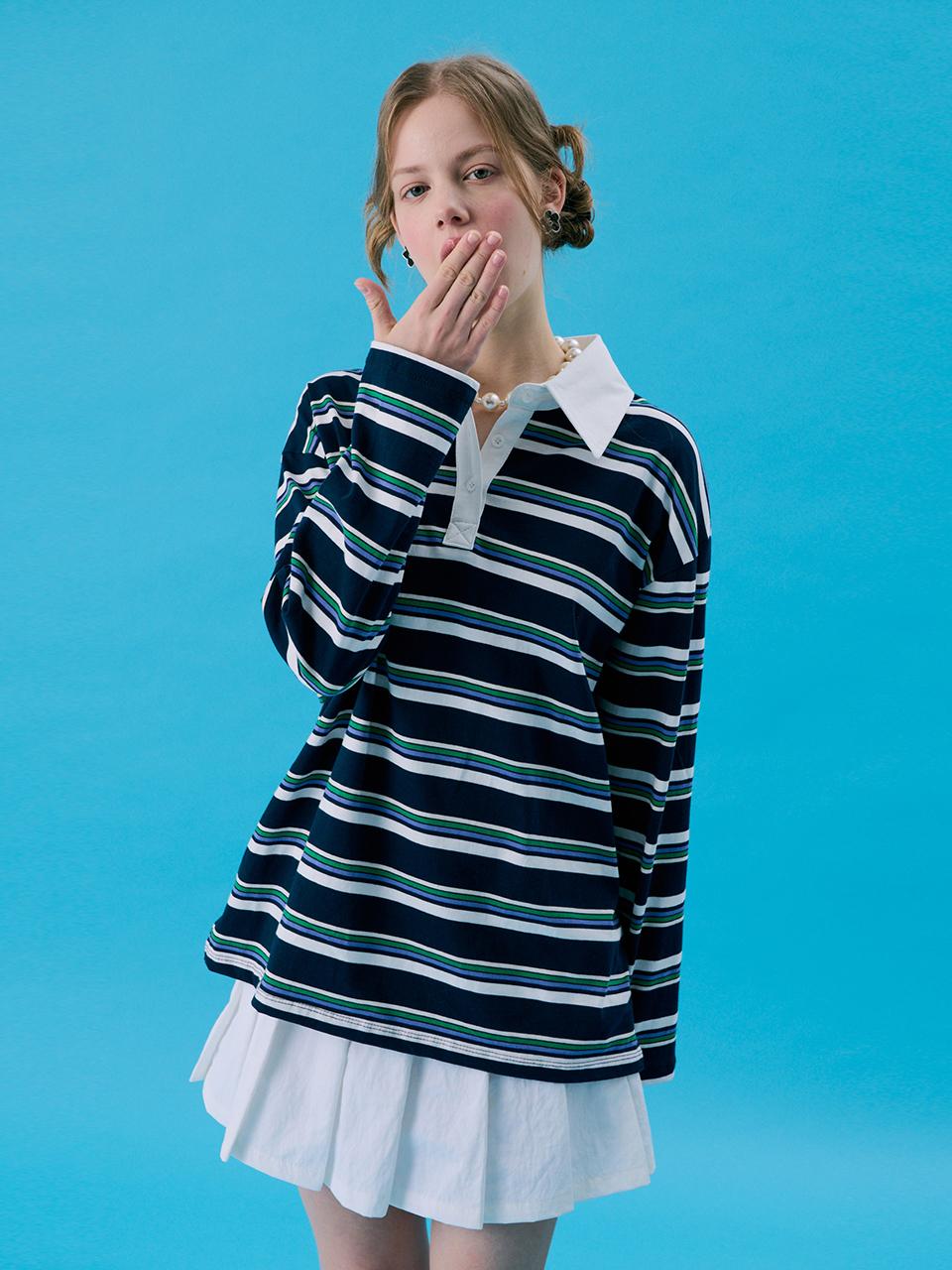 JUNEJUNE SPACE Stripe Rugby Boxy T-shirt [Navy]
