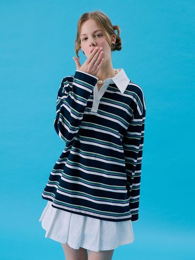 JUNEJUNE SPACE Stripe Rugby Boxy T-shirt [Navy]