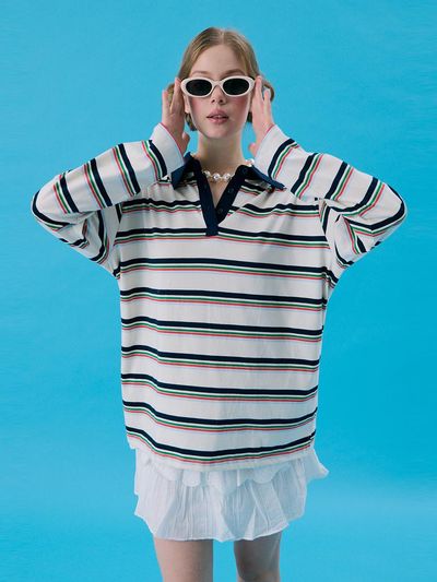 JUNEJUNE SPACE Stripe Rugby Boxy T-shirt [WHITE]