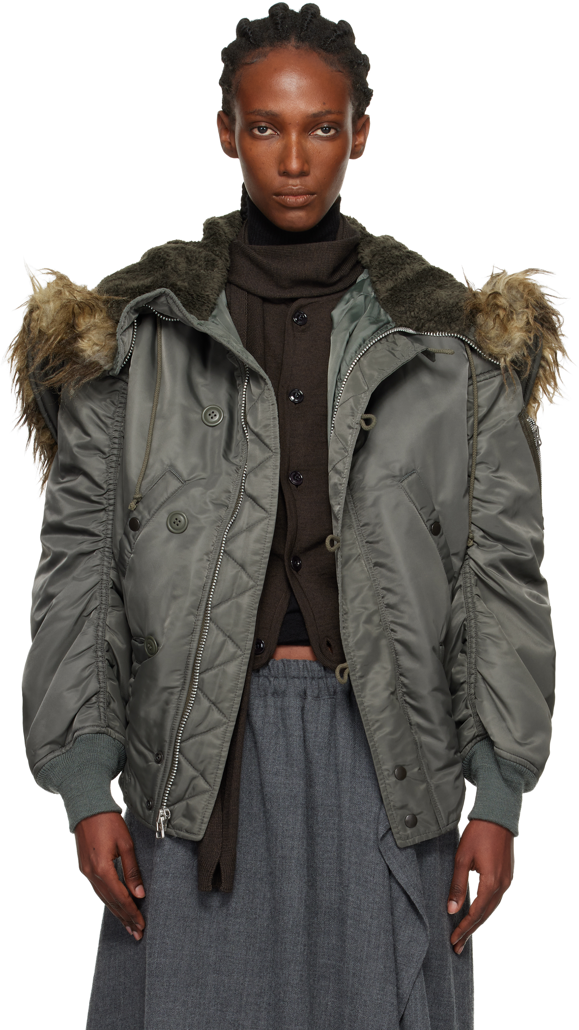 Junya Watanabe - Khaki Faux-Fur Hood Bomber Jacket