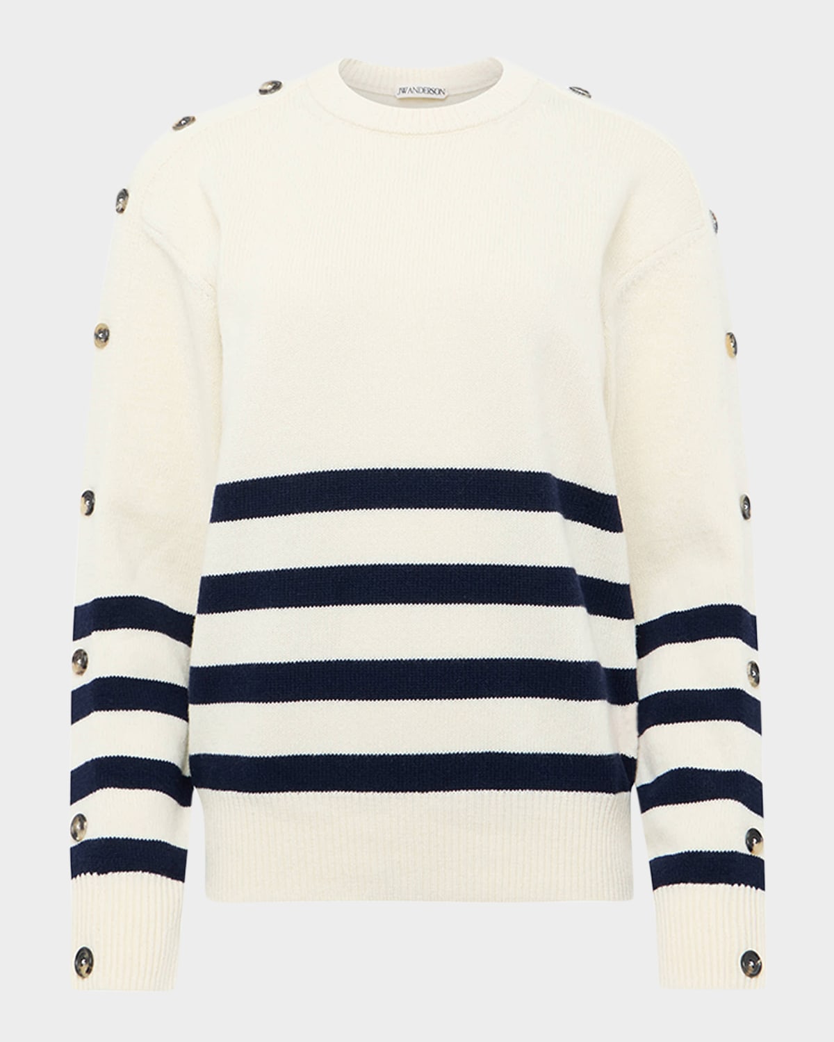 JW Anderson Buttoned-Sleeve Striped Crewneck Sweater