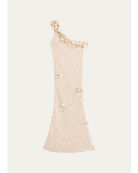 JW Anderson Floral Crochet One-Shoulder Net Knit Ankle Dress