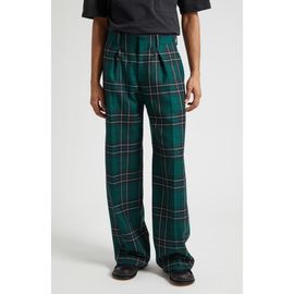 JW Anderson JW Anderson Plaid Pleated Straight Leg Wool Trousers