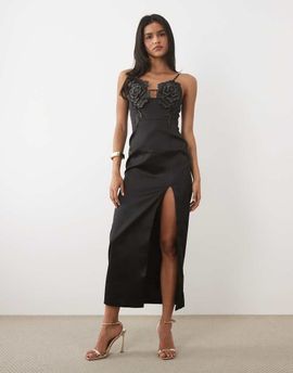 JW PEI JW PEI 3D floral appliques thigh-high side slit maxi dress in black