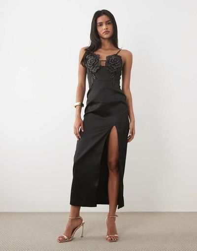 JW PEI JW PEI 3D floral appliques thigh-high side slit maxi dress in black
