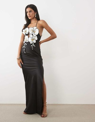 JW PEI JW PEI 3D orchid embroidered halterneck maxi dress in black