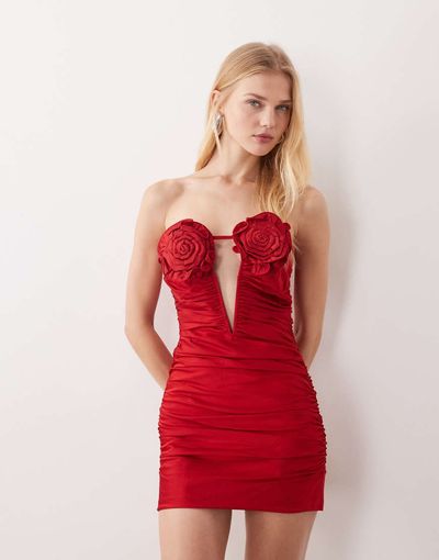 JW PEI JW PEI bandeau corsage applique bust detail plunge cut out ruched mini dress in red