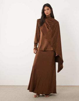 JW PEI JW PEI exclusive satin maxi slip skirt in chocolate - part of a set-White