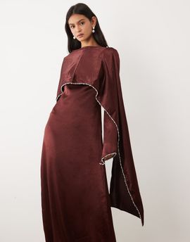 JW PEI JW PEI Exclusive satin pearl trimmed cape sleeve maxi dress in burgundy-Red