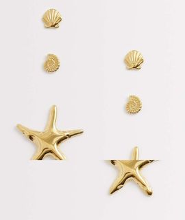 Kaiia Kaiia 3 pack stainless steel starfish and shell stud earrings in gold tone-Multi
