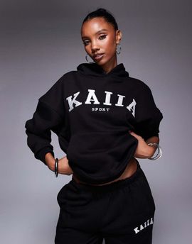 Kaiia Kaiia cotton blend sport embroidered logo oversized hoodie in black and cream - part of a set