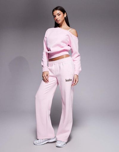 Kaiia Kaiia cotton rich animal star logo graphic wide leg sweatpants in baby pink - part of a set
