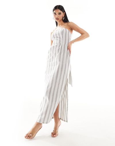 Kaiia Kaiia cotton rich bandeau oversized tie detail maxi dress in cream stripe-Multi