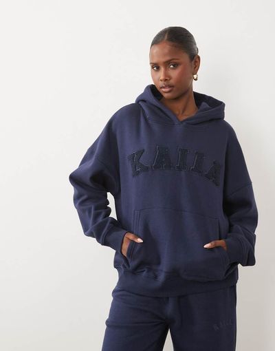 Kaiia Kaiia cotton rich boucle logo oversized hoodie in deep blue - part of a set