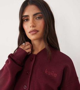 Kaiia Kaiia cotton rich button up sweatshirt cardigan in burgundy - part of a set-Red