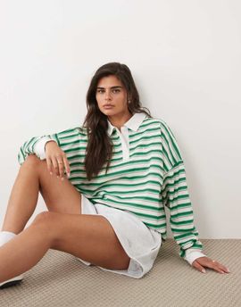 Kaiia Kaiia cotton rich collar detail oversized rugby shirt in green and cream stripe