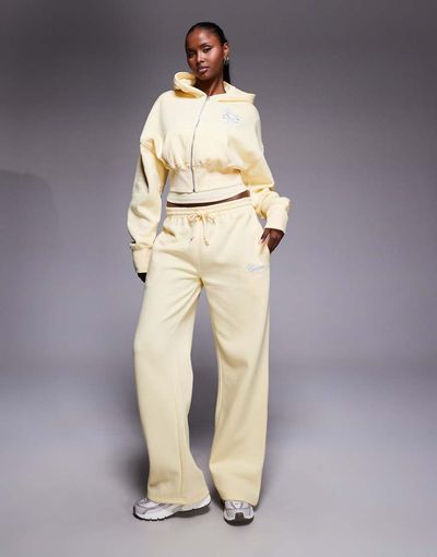 Kaiia Kaiia cotton rich embroidered bow logo cropped zip up hoodie in lemon and blue - part of a set-Multi