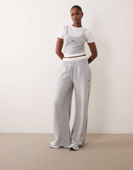 Kaiia Kaiia cotton rich embroidered logo detail double waistband wide leg sweatpants in gray and white - part of a set