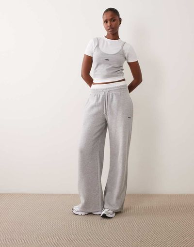 Kaiia Kaiia cotton rich embroidered logo detail double waistband wide leg sweatpants in gray and white - part of a set