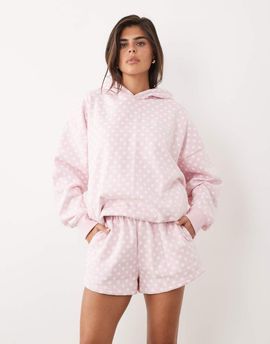 Kaiia Kaiia cotton rich embroidered logo detail sweat shorts in baby pink polka - part of a set-Blue