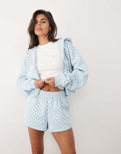 Kaiia Kaiia cotton rich embroidered logo detail sweat shorts set in baby blue polka