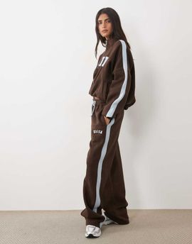 Kaiia Kaiia cotton rich embroidered logo detail wide leg sweatpants in chocolate and baby blue - part of a set-Brown