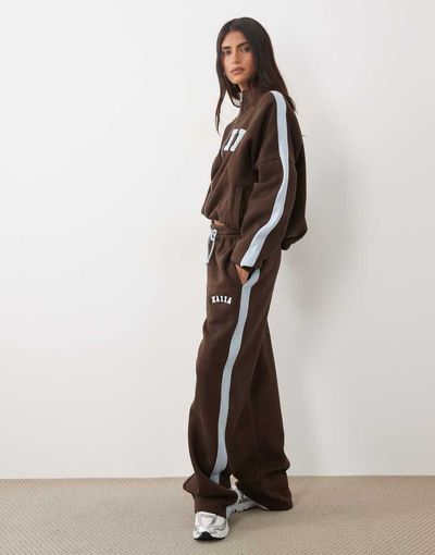 Kaiia Kaiia cotton rich embroidered logo detail wide leg sweatpants in chocolate and baby blue - part of a set-Brown