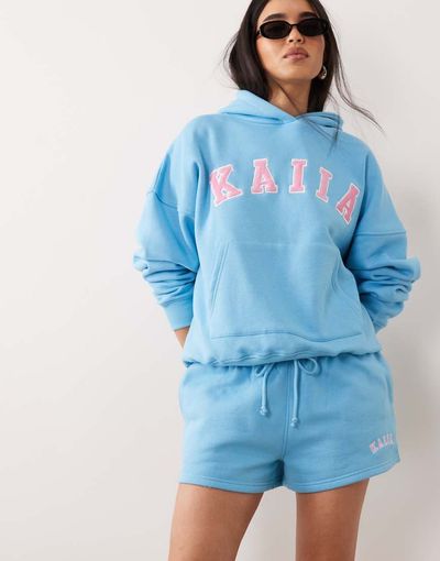 Kaiia Kaiia cotton rich embroidered logo mini sweat shorts in baby blue and pink - part of a set