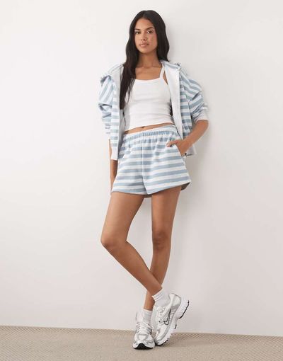 Kaiia Kaiia cotton rich embroidered logo mini sweat shorts in blue & white stripes - part of a set