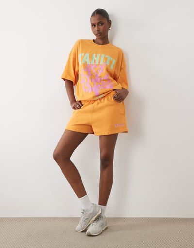 Kaiia Kaiia cotton rich embroidered logo mini sweat shorts in orange and pink - part of a set