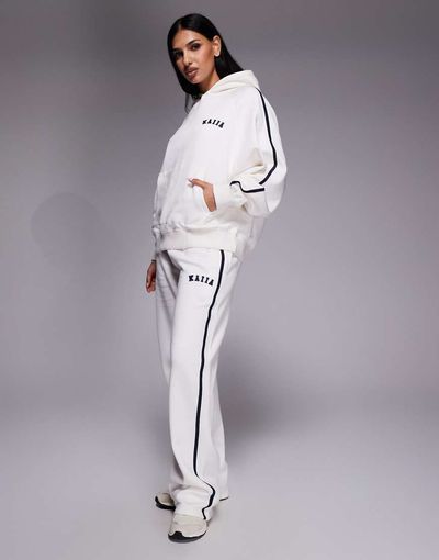 Kaiia Kaiia cotton rich embroidered logo side stripe wide leg sweatpants in cream and navy - part of a set-Multi