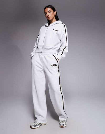 Kaiia Kaiia cotton rich embroidered logo side stripe wide leg sweatpants in light gray - part of a set
