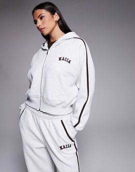 Kaiia Kaiia cotton rich embroidered logo side stripe zip up hoodie in light gray - part of a set